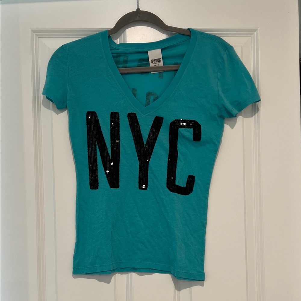 PINK Victoria's Secret Teal V-Neck Tee with Black Sequin NYC